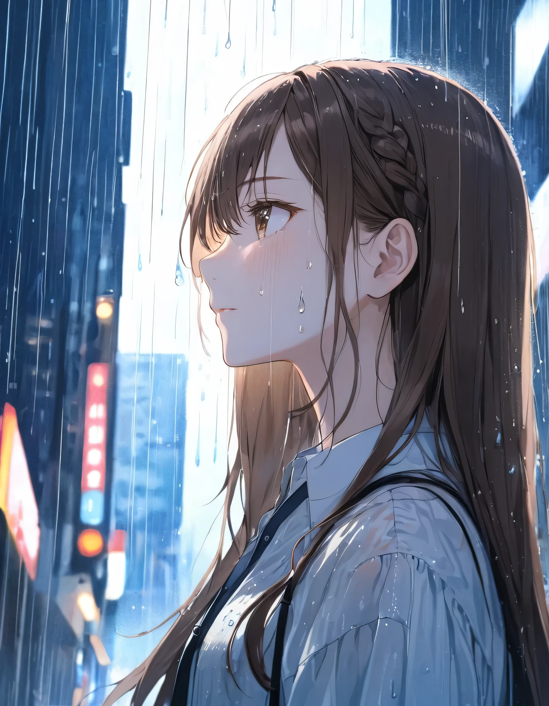 One Girl, profile, Look to the side,  Written boundary depth, Long Hair, French Braid, Straight hair, Portraiture, Modern city, blouse, Brown Hair, look up, rain, raindrop, Lens flare, Rainy dark night sky、eyeliner, eye shadow, masterpiece, Highest quality、Close your eyes and let the tears flow