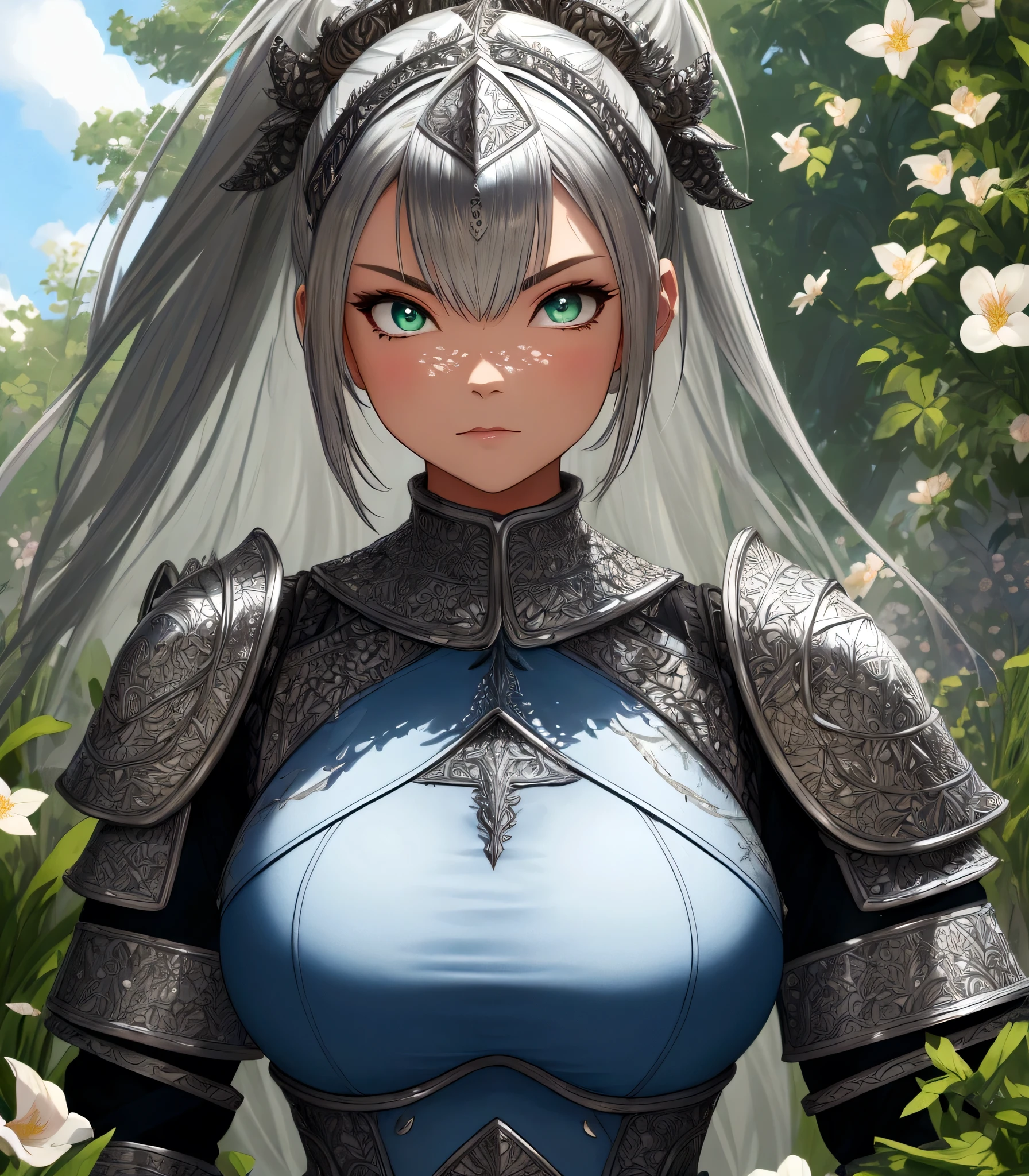 3d animation, chibi character, (masterpiece, best quality),(extremely intricate:1.3), (realistic), 1girl, milf, ((triple D cup breasts)), round buttocks, bubbly ass, thoughts, caucasian, green eyes, perfect eyes, perfect iris, perfect pupils, perfect lips, perfect nose, perfect hands, very detailed hands, perfect fingers, black hair, short hair, straight hair, bobbles ponytail hair, (medieval armor), metal reflections, (((silver armor))), outdoors, far away castle, (ornately decorated armor), (insanely detailed, bloom:1.5), chainmail, intense sunlight, professional photograph of a stunning woman detailed, sharp focus, award winning, cinematic lighting, blurry background, upper body, ((confident)), (Pose:looking at the camera), shadows, contrast, clear blue sky, constellations, peaceful, serene, quiet, tranquil, remote, secluded, adventurous, exploration, escape, independence, survival, resourcefulness, challenge, perseverance, stamina, endurance, observation, intuition, adaptability, creativity, imagination, artistry, inspiration, beauty, awe, wonder, gratitude, appreciation, relaxation, enjoyment, rejuvenation, mindfulness, awareness, connection, harmony, balance, texture, detail, realism, depth, perspective, composition, color, light, shadow, reflection, refraction, tone, contrast, foreground, middle ground, background, naturalistic, figurative, representational, impressionistic, expressionistic, abstract, innovative, experimental, unique