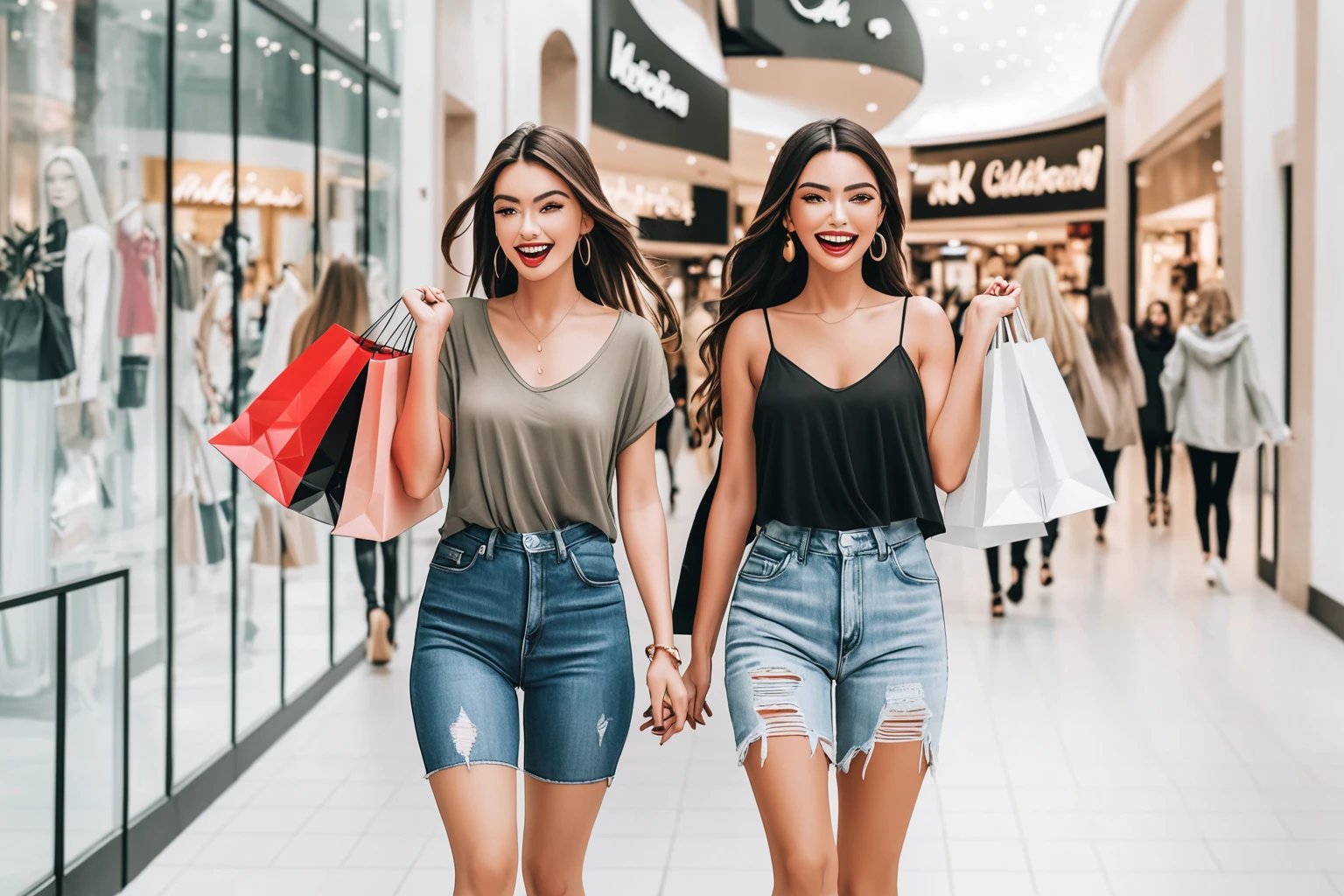 two women walking down a sidewalk carrying shopping bags and shopping bags, fashion clothing, trendy clothes, wearing fashion clothing, people shopping, casual modern clothing, ad image, mall, at a mall, instagram post, ๐ ๐ ๐ ๐, ๐คฌ ๐คฎ ๐ ๐, in a mall, wearing casual clothing, customers, street fashion clothing, ๐ฃ ๐ฅ