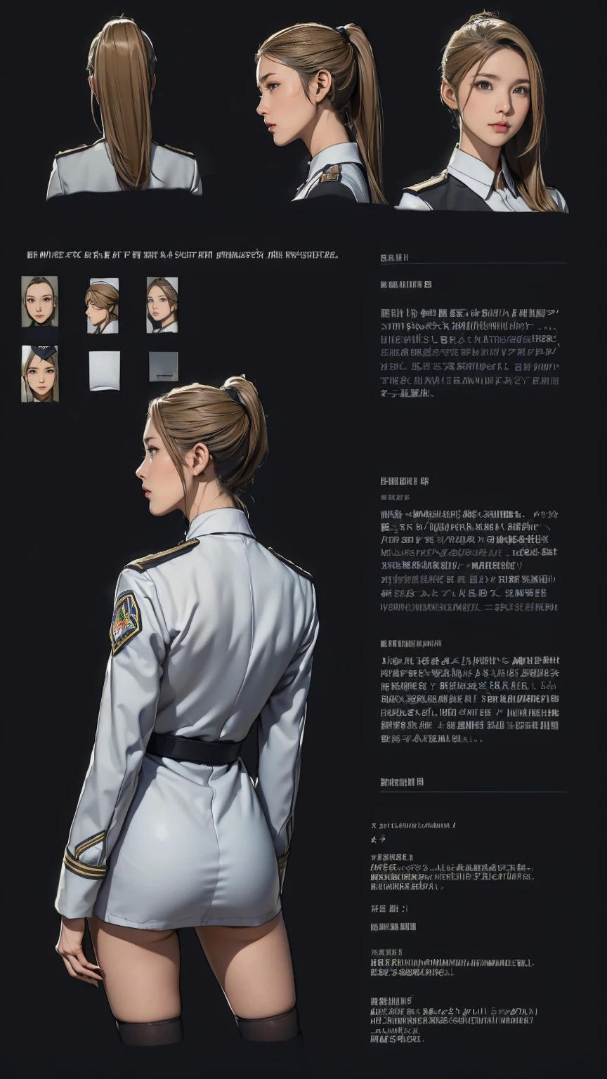 ((masterpiece)),(((highest quality))),((Reference Sheet, Character Design, front, return, ~ ~ ~ side, Mr...々Hairstyle, Mr...々performance, Facial Expressions)), 14-year-old girl, Cute type, (Very slim:1.4), (Very small ass:1.4), Realistic buttocks, Mid-chest, Blonde ponytail:1.2,Thin thighs, Long legs, It's not a big deal,(A female Earth Federation officer is walking), (Wearing Earth Federation military uniform, White and dark grey uniform),(Worn by federal government employees'White Hat:1.5)
