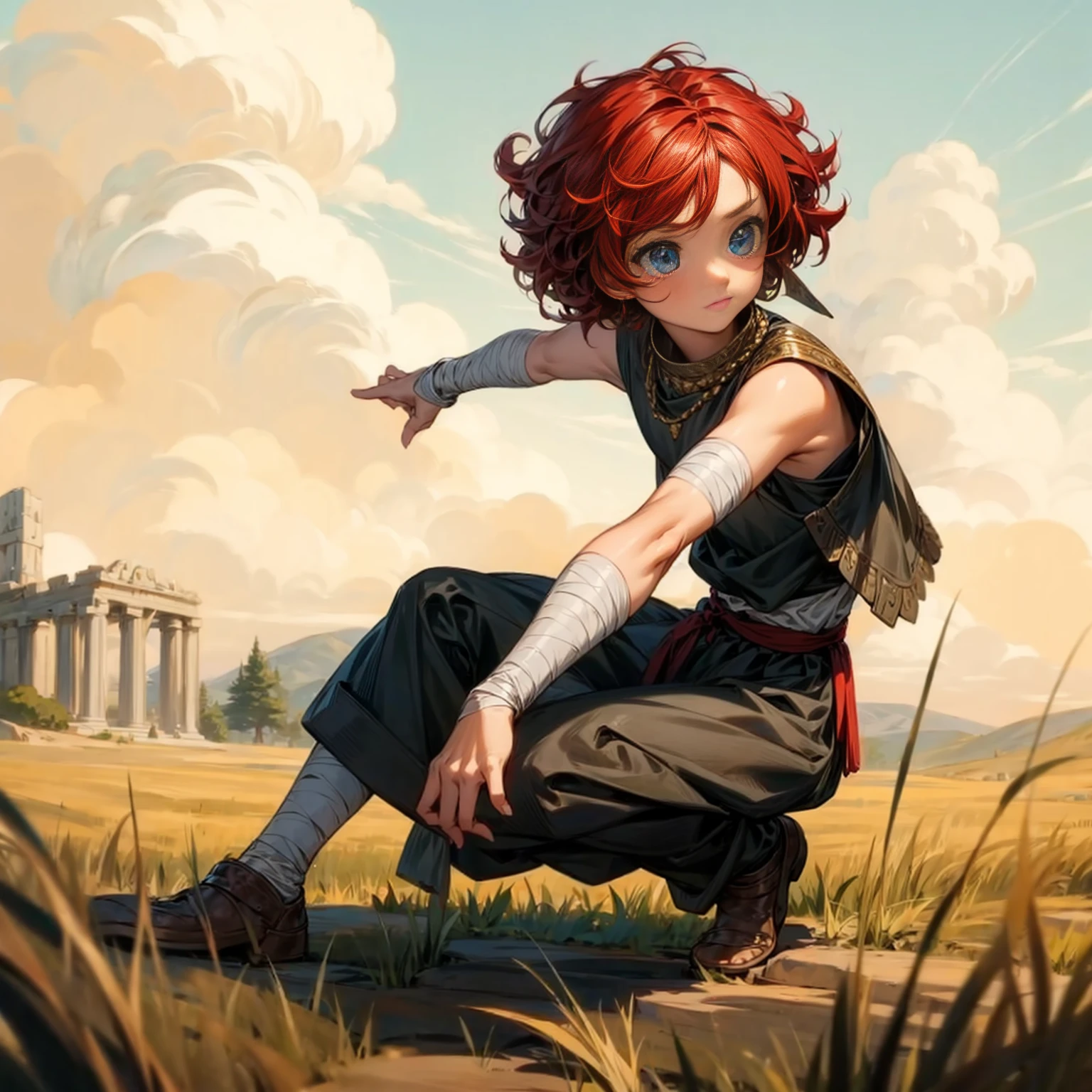 1little boy, Full body version, 1character, blue eyes color, sad eyes, eyeliner, native skin, classic Curly haircut, big eyes type, red colour hair, Ancient greek clothing style, armor vest, black color clothing, necklaces, bandage on hand, Grassroots background in field castle, motion blur