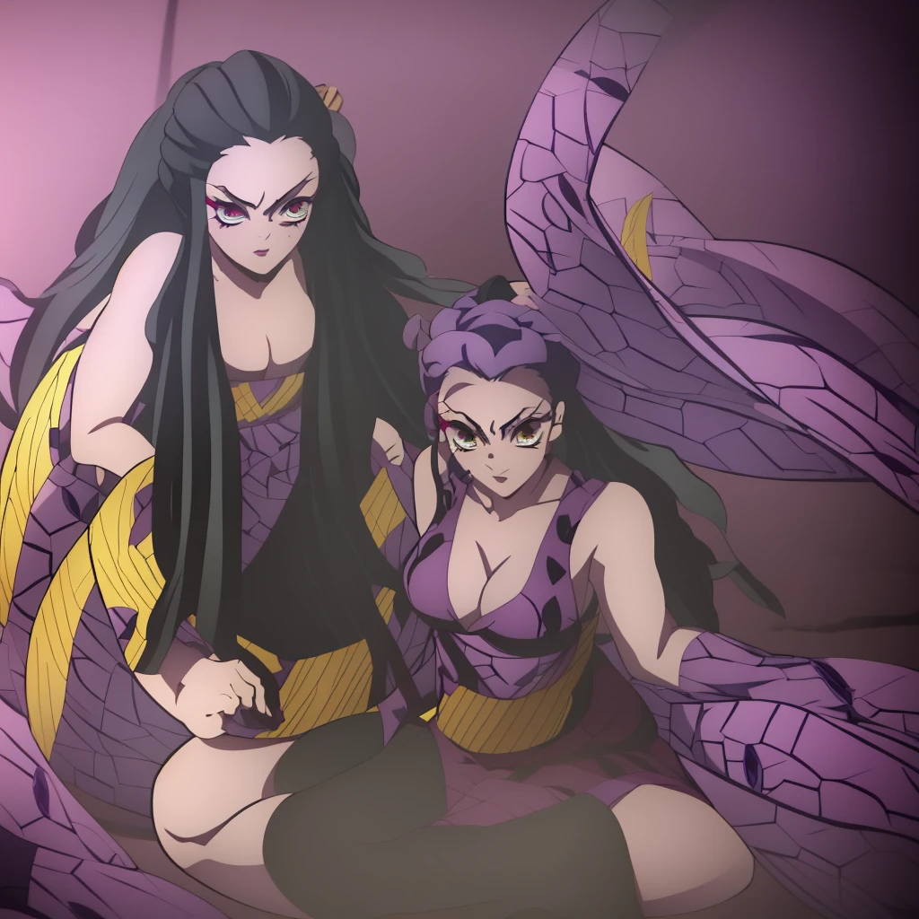 2 dark skinned girls, very detailed purple irises, wearing summoning robes, summoning circles, long hair, curled hair, covered in cum, holding ancient goblet full of cum, smiling, wrapped in tentacles, tentacles ripping off robes, kissing big black demon monster man
