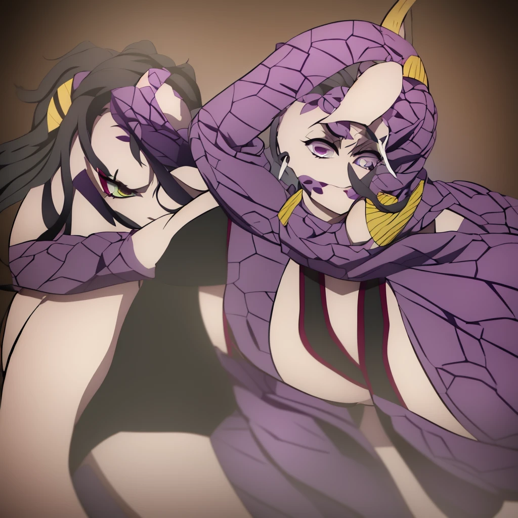 A young girl with dark brown skin, gray and lilac eyes, straight and medium purple hair with yellow tips, kimetsu no yaiba outfit with purple colors, white and yellow, estilo kimetsu no yaiba