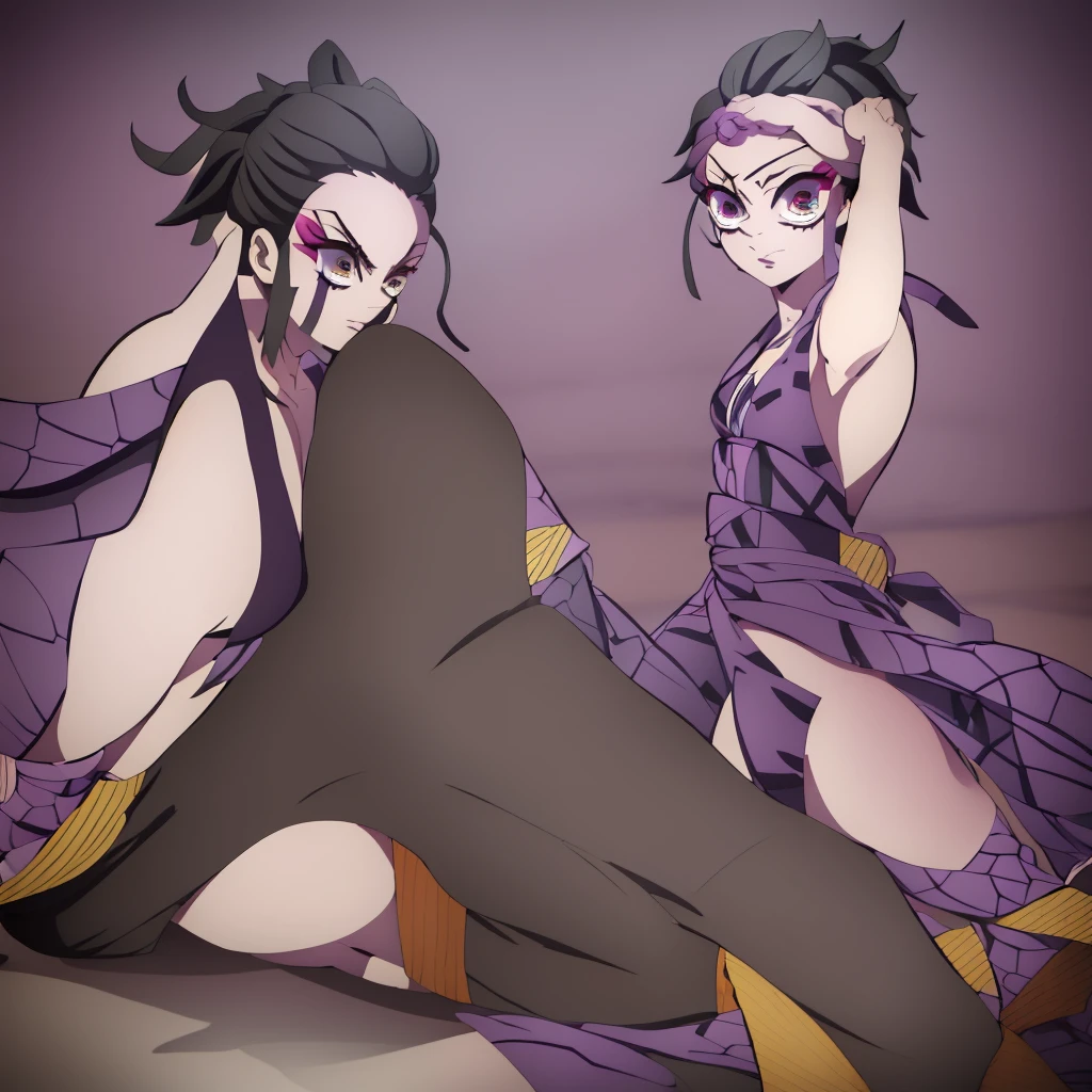 A young girl with dark brown skin, gray and lilac eyes, straight and medium purple hair with yellow tips, kimetsu no yaiba outfit with purple colors, white and yellow, estilo kimetsu no yaiba