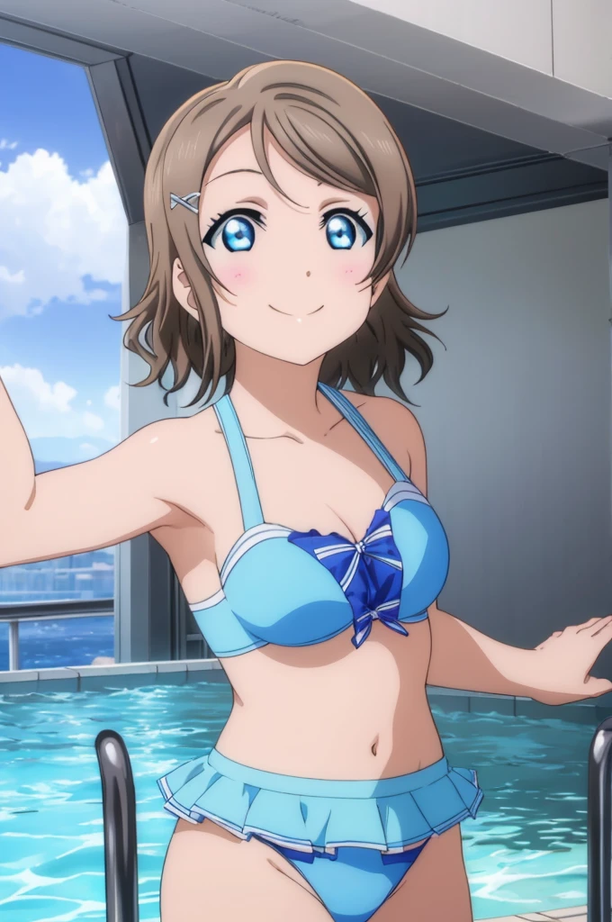 (((pixel-perfect, detail-perfect))), solo, 1girl, you watanabe, eyes azzur, smile, bikini, pool, armpit, big filesize, ultra High Qality