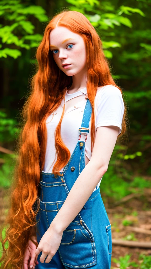 (Masterpiece artwork), still from film, (full body shot) of a beautiful and sexy young redhead, (long  hair), (face perfect), (detailed facial features), seductive look, (amazing body), (Wearing overalls) , standing, plein-air, humid, humid, fundo detailded), shallow depth of field, (detailded), photographed on a Kodak camera,