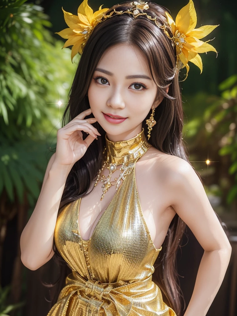 sexy golden princess who controls poison、beautiful smile、lipgloss、long lashes、intense makeup、look at the camera、full body Esbian、、sparkling poisoned flower costume、、、、shiny sparkling multicolor hair、secrete poison、skull hair accessories、fishnet tights、shiny sparkling dark magic forest background