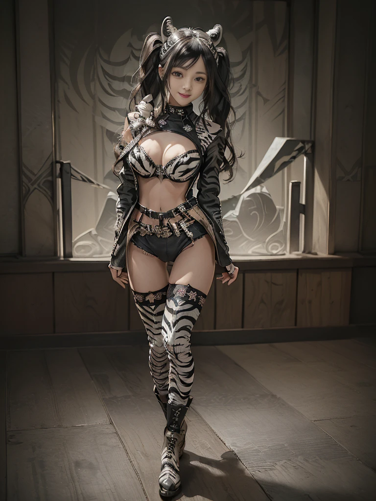 (Full Body View:1.4)、(Full body:1.2)、(Smiling with teeth showing:1.3),(Shibuya Gal:1.5)、(Gothic ta style fashion:1.5)、(Punk RockVisual Kei:1.5)、(Wearing a rhythmic gymnastics bodysuit with intricate details:1.4)、(Racing suit and shorts in beige, denim and charcoal with intricate details:1.5)、(Denim and black and brown long boots:1.3)、(Denim and beige knee socks:1.3)、((belt))、(Numerous delicate logo marks all over the costume:1.4)、(collar:1.3)、(Zebra pattern underwear:1.5)、20-year-old、NSFW、((Highest quality、In 8K、masterpiece:1.3))、Sharp focus:1.2、(Layered Cut、Huge boobs:1.1),Beautiful woman with perfect figure:1.4、(do a gravure pose:1.3)、Slender Abs:1.2、Highly detailed face and skin texture、Detailed eyes、double eyelid,(Twin tails:1.3)、(Black brown hair:1.3)、Gravure idol、(The background is a vast mountain々Beautiful European tourist destinations:1.3)、(Slim body:1.3),(Make your legs thinner:1.4),(clavicle:1.1)