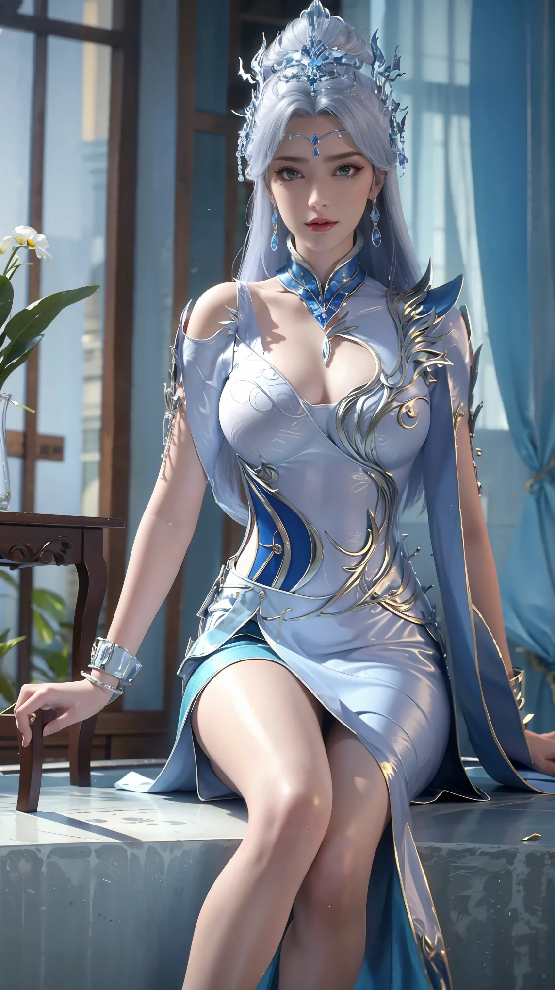 masterpiece, best quality, tthl, 1 Girl, , Solitary, Long hair:1.2, Large Breasts,, Hair accessories, skirt, Bare shoulders, Jewelry, Alternative clothing, bracelet, ear rings, 长skirt, 蕾丝skirt, bracelet, barefoot, 细barefoot, Charming smile,Cross your legs, Sitting in the bathtub, indoors, From below,camisole,Wet all over,Water Magic,Wet
