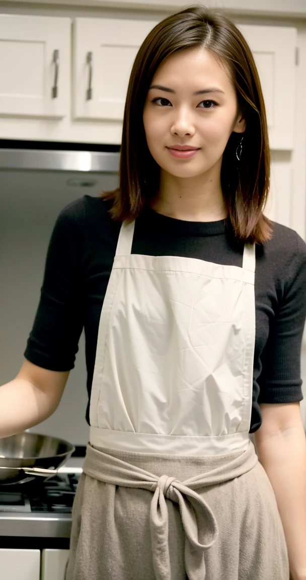 top-quality、​masterpiece、超A high resolution、(realisitic:1.4)、Beautuful Women１、Beautiful detail eyes and skin、smile、Light brown short-cut hair, She is Wearing a apron and no panties posing for a photo,  gorgeous chinese model, photo of slim girl model, IG-Modell, beautiful female model, on the kitchen, wearing apron,