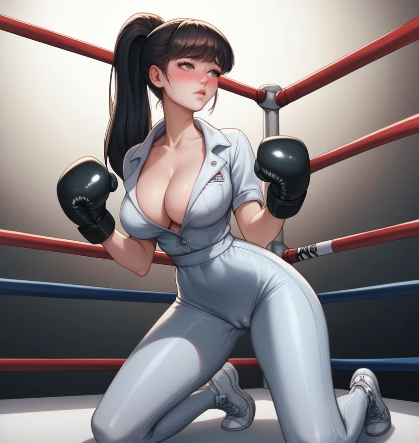 Korean beauty boxer,18 years old,Pretty Face,Good shape,detailed picture, Shy expression, blush,White high ponytail, Wear a jumpsuit, Wear black pantyhose, Wearing black boxing gloves,Kneeling in the boxing ring,Large Breasts,Cleavage,Long legs,Thin waist,nipple,Camel toe
