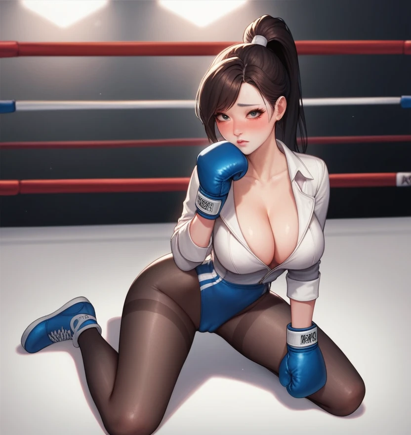 Korean beauty boxer,18 years old,Pretty Face,Good shape,detailed picture, Shy expression, blush,White high ponytail, Wear a jumpsuit, Wear black pantyhose, Wearing black boxing gloves,Kneeling in the boxing ring,Large Breasts,Cleavage,Long legs,Thin waist,nipple,Camel toe