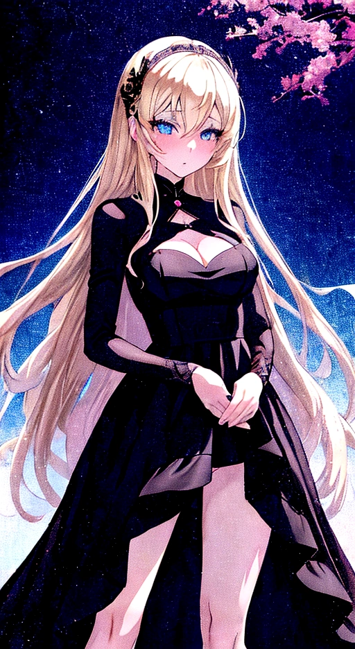 anime girl with blue eyes and a black dress posing for the camera, seductive anime girl, in dress, , beautiful anime girl, beautiful anime woman, beautiful alluring anime woman, blonde anime girl with long hair, anime girl wearing a black dress, guweiz on pixiv artstation, detailed digital anime art, top rated on pixiv