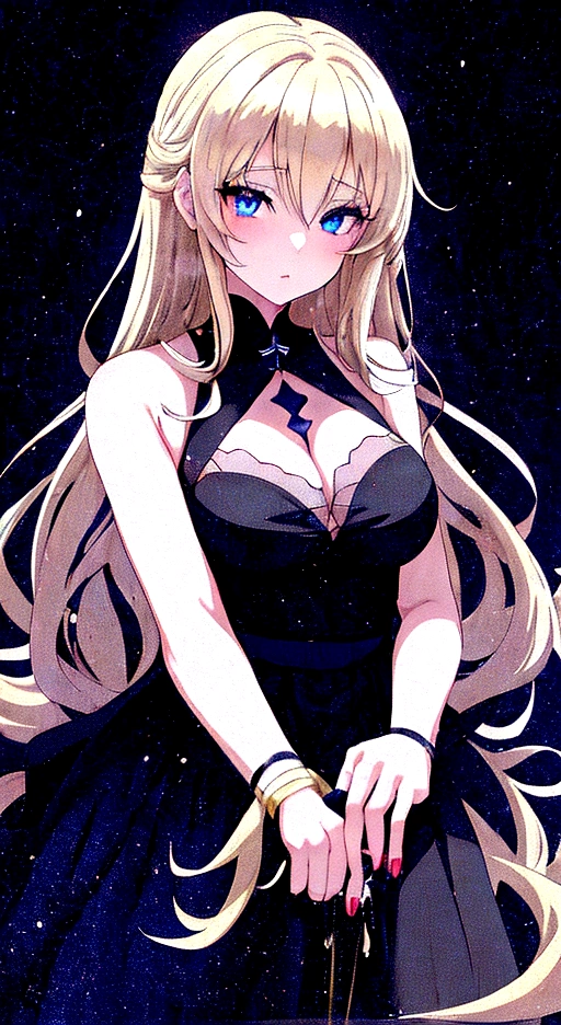 anime girl with blue eyes and a black dress posing for the camera, seductive anime girl,  in dress, , beautiful anime girl, beautiful anime woman, beautiful alluring anime woman, blonde anime girl with long hair, anime girl wearing a black dress, guweiz on pixiv artstation, detailed digital anime art, top rated on pixiv