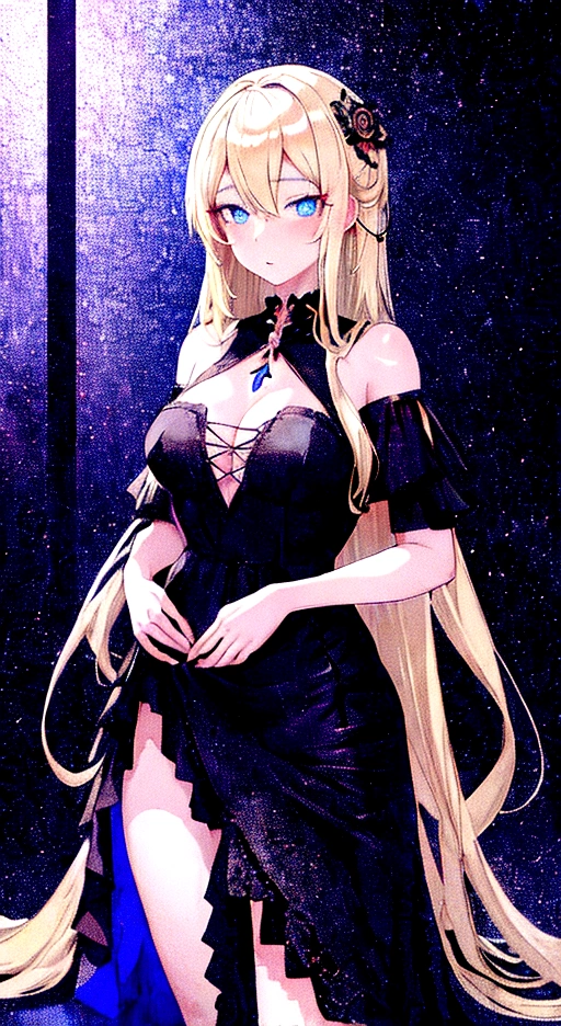 anime girl with blue eyes and a black dress posing for the camera, seductive anime girl,  in dress, , beautiful anime girl, beautiful anime woman, beautiful alluring anime woman, blonde anime girl with long hair, anime girl wearing a black dress, guweiz on pixiv artstation, detailed digital anime art, top rated on pixiv