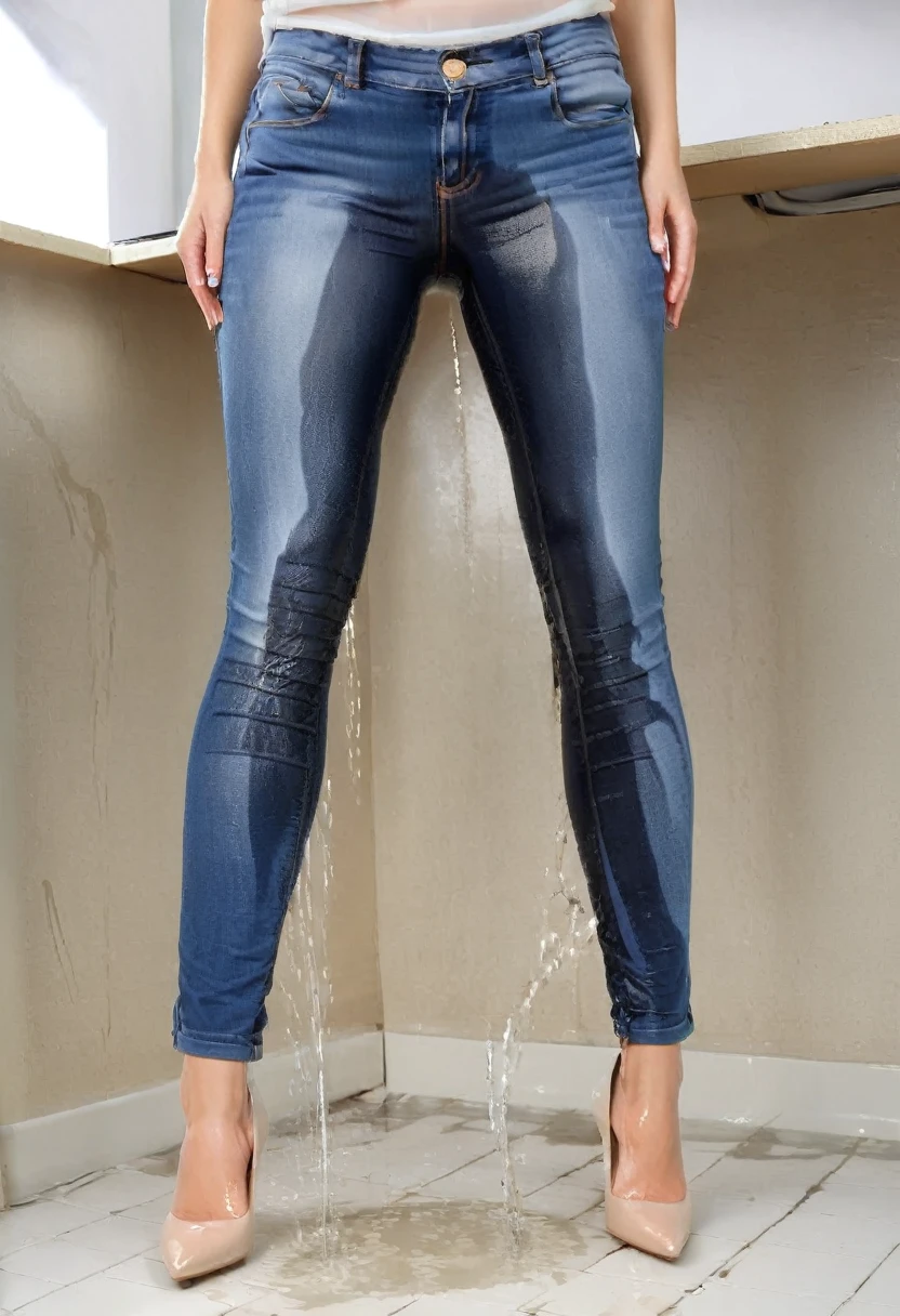 attractive blonde woman, ((sky blue skinny jeans)), high heel pumps, black sports bra, standing in a bedroom, wetting, big smile, pee stains are gleaming wet, pee run down legs, shoes flooded with pee, show heels, (((head in frame))), lower legs of jeans soaking wet, a stream of pee flows between her legs