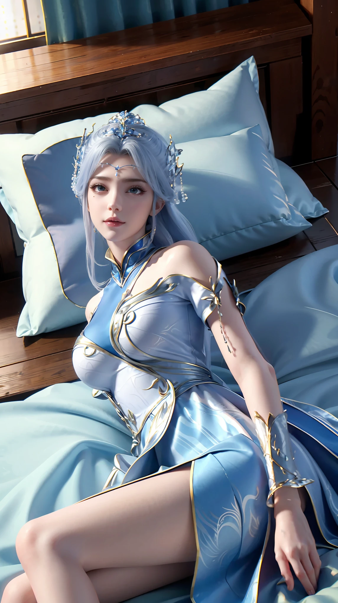 一个女孩Lying in bed,Dressed in suspender pajamas,Face up,Raise your legs slightly,Front view super detailed beautiful big breasted girl 16 years old. Ultra HD, 4K, 8K, Movie,whole body,Lying down,Long legs,Very big breasts,whole body捕捉,(((Lying in bed))),(((whole bodyLying in bed))),big bed,Off-shoulder,Shoulder-length skirt,Lying in bed,Sleeping on the pillow,Lying down,Headrest pillows,(((平Lying in bed))),whole body平Lying in bed,Wet all over,Water Magic,Wet