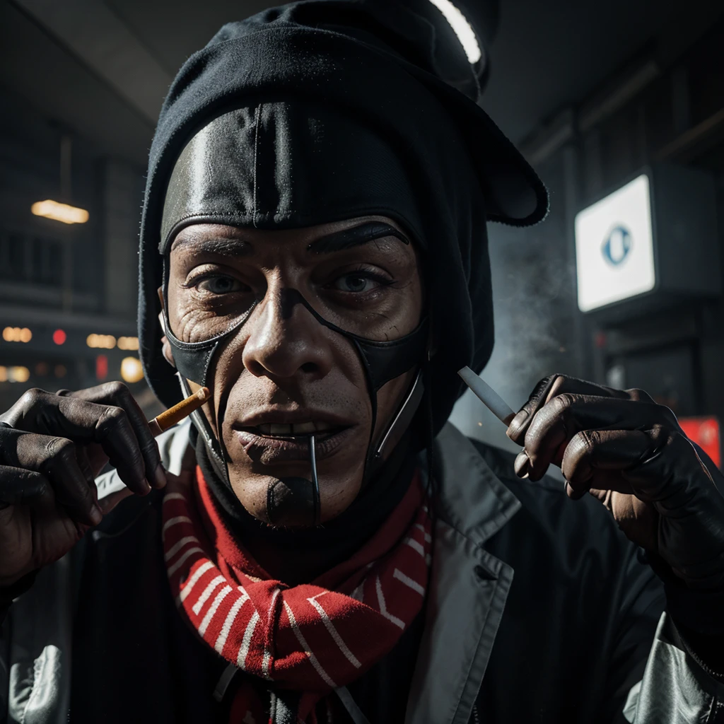 sid wilson wearing he's iconic mask, holding cigarette, cybercity, alone, chill expression 