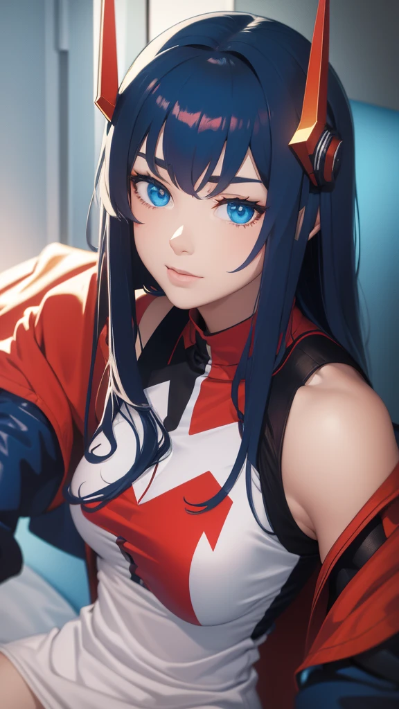 Optimus Prime human woman with long hair and blue eyes 