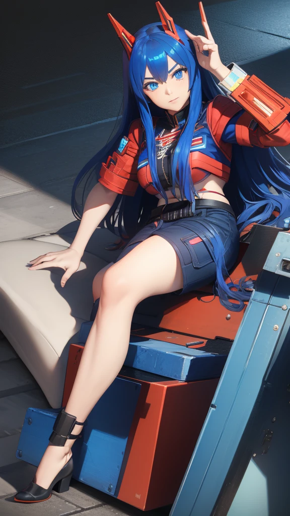 Optimus Prime human woman with long hair and blue eyes 