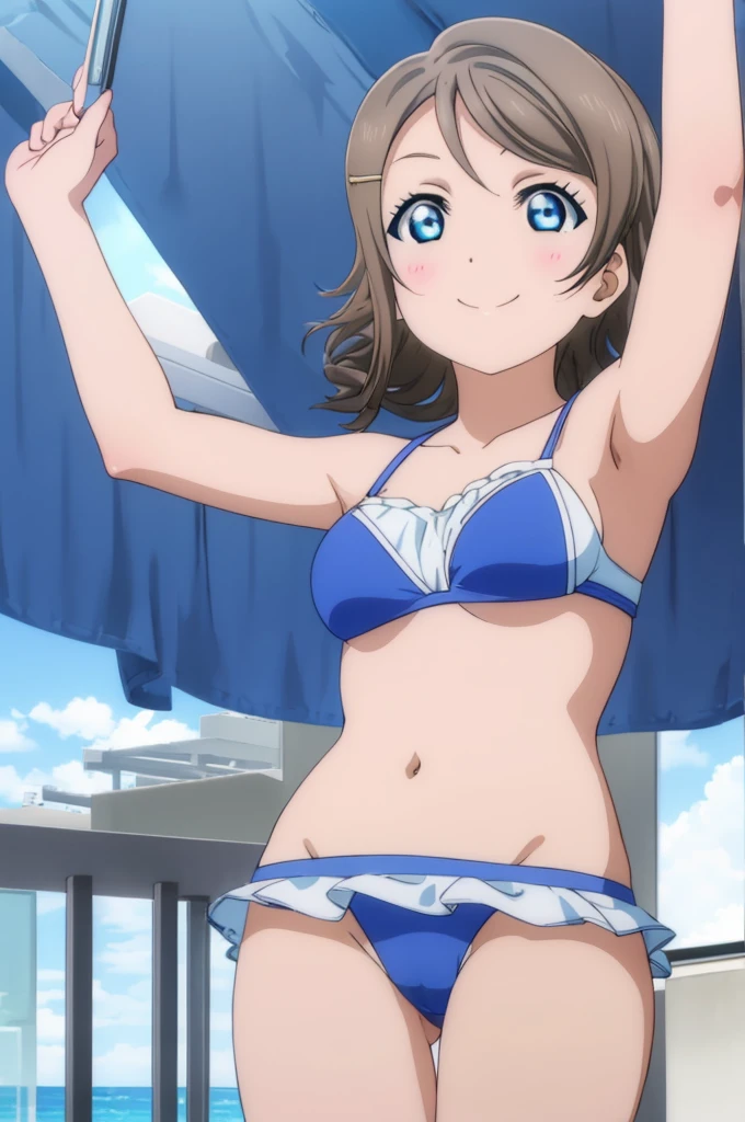 (((pixel-perfect, detail-perfect))), solo, 1girl, you watanabe, eyes azzur, smile, bikini, summer beach, armpit, big filesize, ultra High Qality