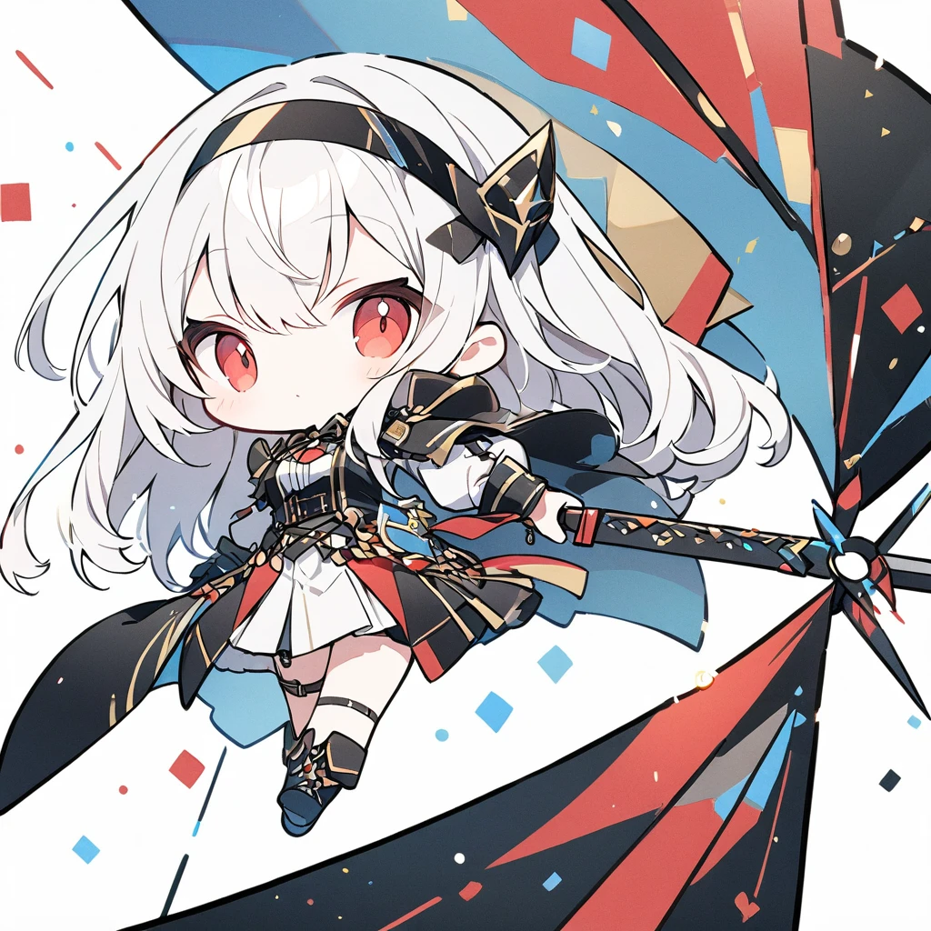 Golden Ratio,Very detailed、Very absurd、超High resolution, Attention to detail, high quality, High resolution, 最high quality, 4K, 8K,White background、female knight、One-handed sword、Cape、White Hair、Red Eyes、cute、chibi
