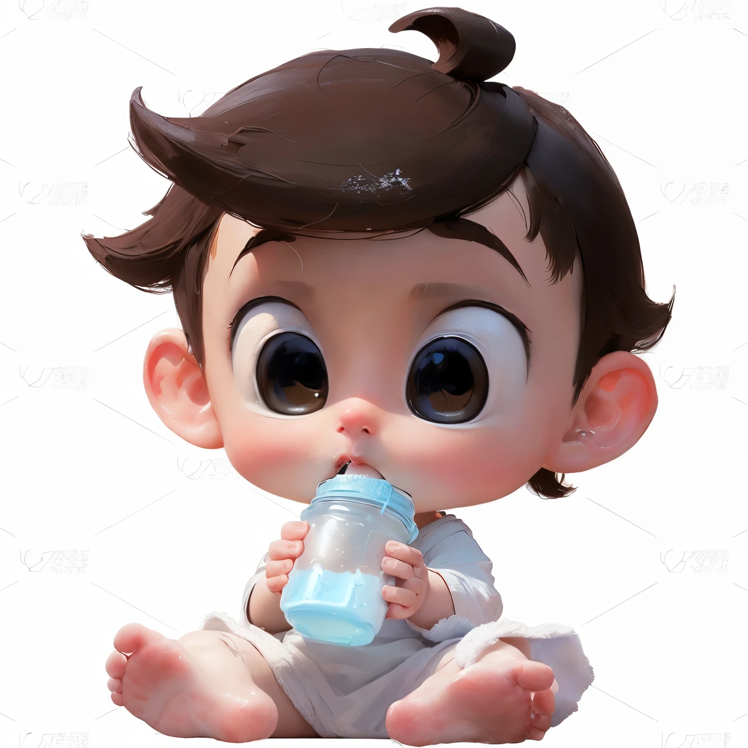 Cartoon drinking milk from a bottle, Disney Pixar style, high quality, Better quality, exquisite painting style, detailed eyes, detailed limbs, realistic characters, super detailed characters