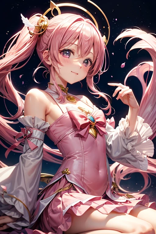 Create an anime-style girl with (((deep magenta eyes and long, wavy pink hair))) ((styled in an elegant frenchbraid)). (((She is slender with small breasts))). ((Ensure a full-body shot of her)) wearing a (((magical girl-themed outfit.))) ((The outfit features a fitted bodice with a sweetheart neckline, gold embroidery, and pastel pink accents. The bodice has delicate rose gold spider web patterns. She wears a multi-layered knee-length skirt with a high-low hemline, the outermost layer sheer with gold and rose gold spider web patterns. She has off-the-shoulder puff sleeves, arm-length pastel pink gloves with gold trim, and a gold choker with a red gemstone. The outfit includes a short, detachable sheer cape with rose gold spider web patterns and is fastened with gold brooches. She wears pastel pink ankle boots with gold heels and rose gold laces. Accessories include a gold tiara with a red gemstone and gold spider-shaped hairpins.)) The overall look is regal and ethereal, with magical glowing effects. cutesexy, purinpuon pixiv, no future, a hyperrealistic , hyperrealistic , realistic , seductive (anime girl), smooth anime cg art, beautiful alluring anime , (purinpuon pixiv), ((magical girl)), (masterpiece), best quality, expressive eyes, perfect face ((Highest quality))、((4K))、((Full Body Shot: 1.5))、ultra detailed, masterpiece, best quality, solo ((purinpuon pixiv, no future)) (((purinpuon pixiv, no future)))