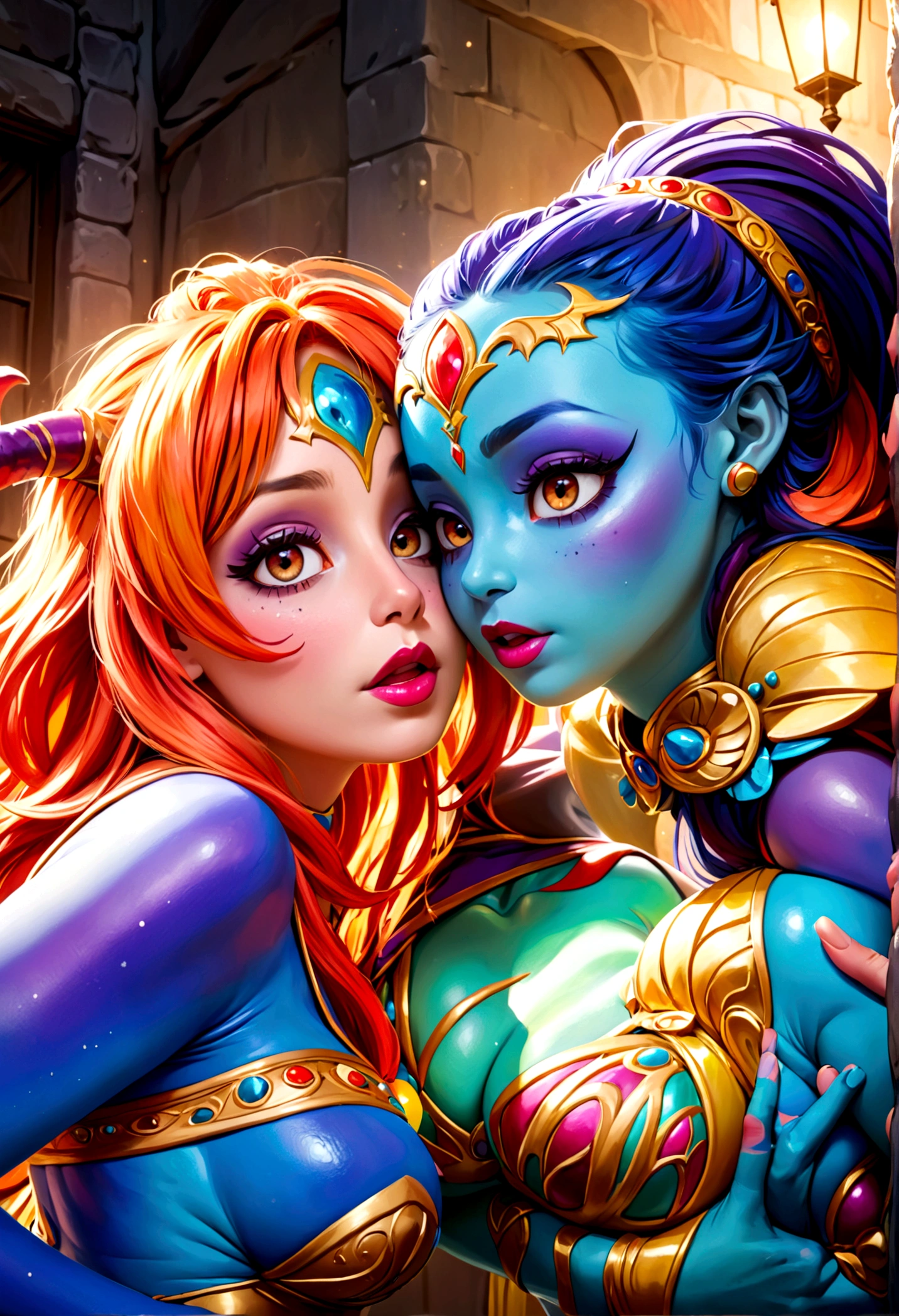 "(best quality, highres, ultra-detailed), 2 women, Desi, 40, average build, in colorful body paint,(playful, vibrant) jesters (costume is entirely body paint), wrestling for a crowd of rowdy aliens, in an(otherworldly) atmosphere,(fantastical, whimsical) outfits, (elaborate face makeup), (bright, vivid) colors, lively expressions, (dynamic poses), (mysterious, ethereal) lighting"