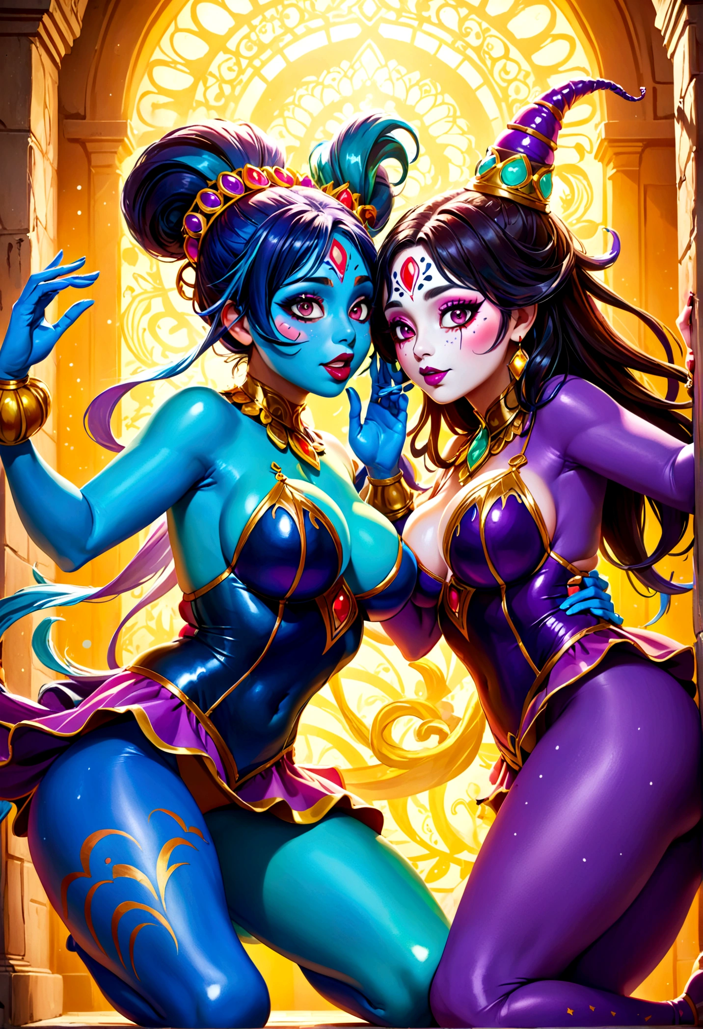 "(best quality, highres, ultra-detailed), 2 women, Desi, 40, average build, in colorful body paint,(playful, vibrant) jesters (costume is entirely body paint), wrestling for a crowd of rowdy aliens, in an(otherworldly) atmosphere,(fantastical, whimsical) outfits, (elaborate face makeup), (bright, vivid) colors, lively expressions, (dynamic poses), (mysterious, ethereal) lighting"