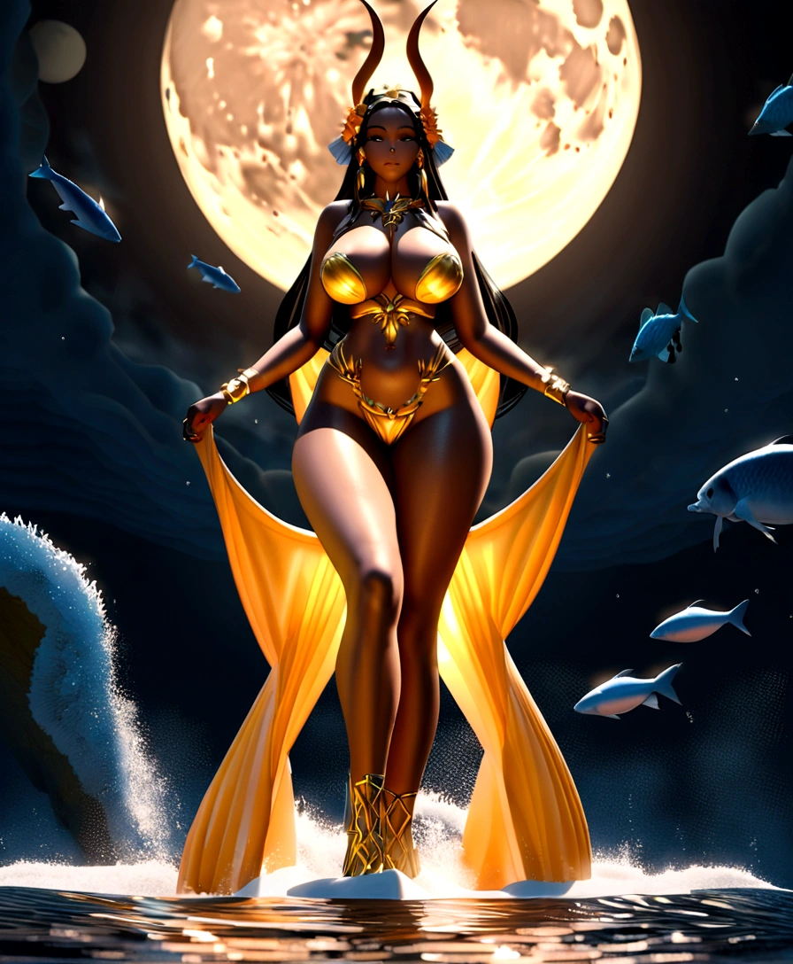 arafed naked woman in red boots is standing in the water with fish, in front of a big moon, epic 3 d oshun, goddess of the moon, dark skin female goddess of love, giant stunning goddess shot, in front of the moon, goddess of the sea, in front of a full moon, moon goddess, goddess of the ocean, full figured mother earth