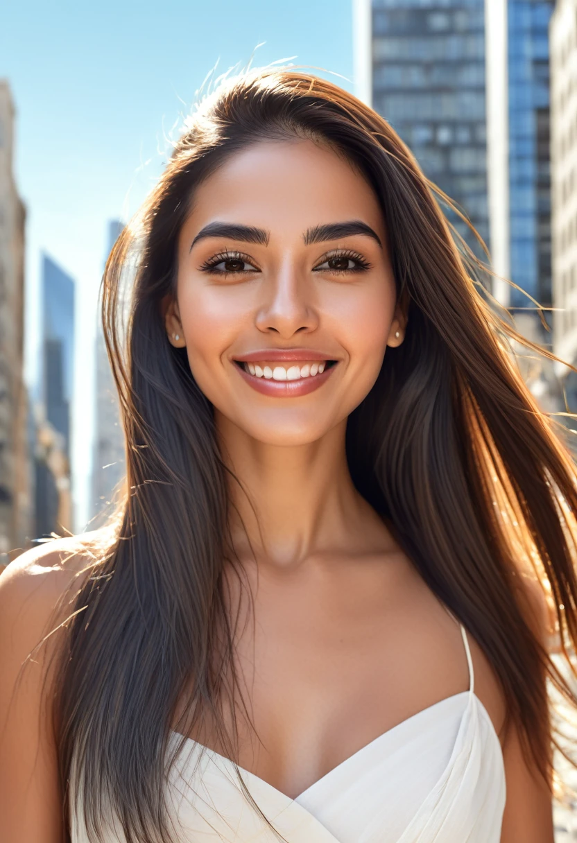 The face of a beautiful Latin woman smiling, her long straight hair cascading over her shoulders, with thick, expressive eyebrows and thin lips, her delicate skin shining in the sunlight, a bustling city with tall buildings in the background, capturing the vitality of urban life, illustration, digital with hyper-realistic details.