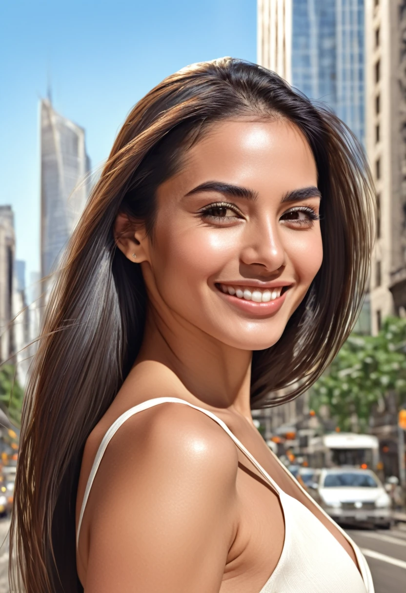 The face of a beautiful Latin woman smiling, her long straight hair cascading over her shoulders, with thick, expressive eyebrows and thin lips, her delicate skin shining in the sunlight, a bustling city with tall buildings in the background, capturing the vitality of urban life, illustration,  digital with hyper-realistic details.