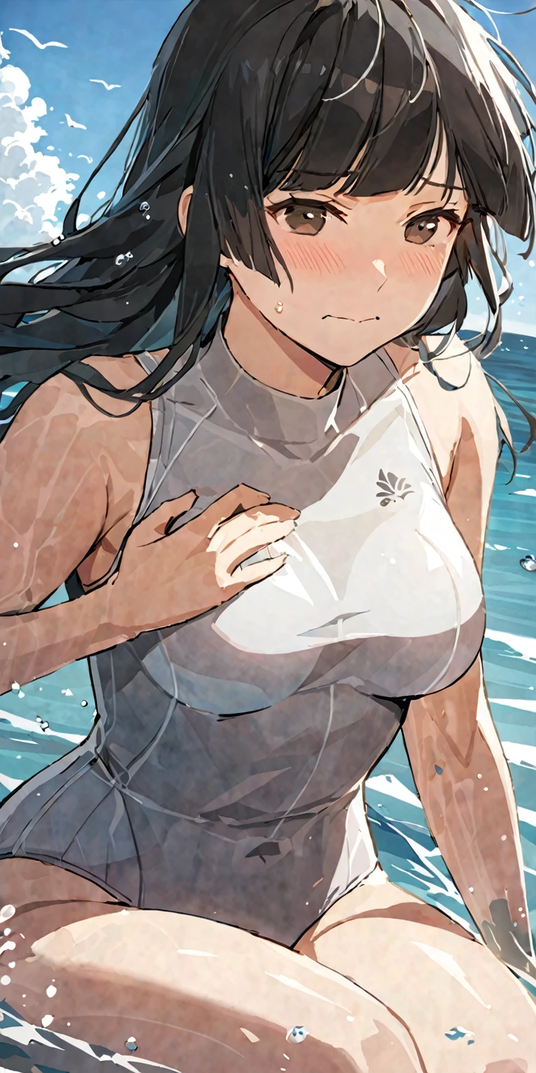 masterpiece,best quality, solo, eda, bangs, black hair, upper body,blue sky,cloud, shy expression, natural expression, medium breast, hot, thicc, swimsuit , ocean, water, she was sitting , she was posin, closed mouth, she is wearing white sando while swimming she is grabbing her chest, dynamic pose, embarrassed expression, shy expression, big thighs , big hips, legs open