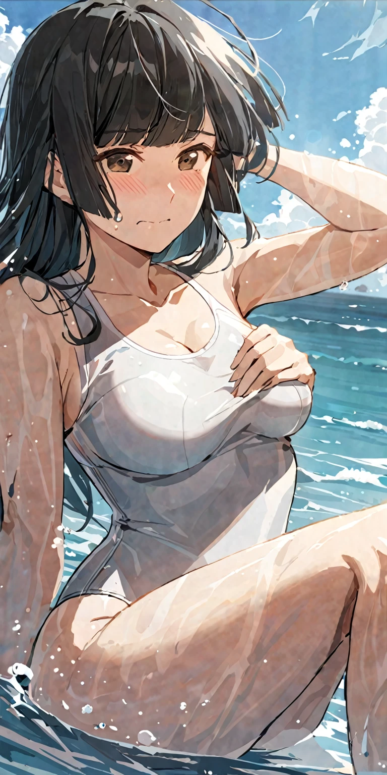masterpiece,best quality, solo, eda, bangs, black hair, upper body,blue sky,cloud, shy expression, natural expression, medium breast, hot, thicc, swimsuit , ocean, water, she was sitting , she was posin, closed mouth, she is wearing white sando while swimming she is grabbing her chest, dynamic pose, embarrassed expression, shy expression, big thighs , big hips, legs open