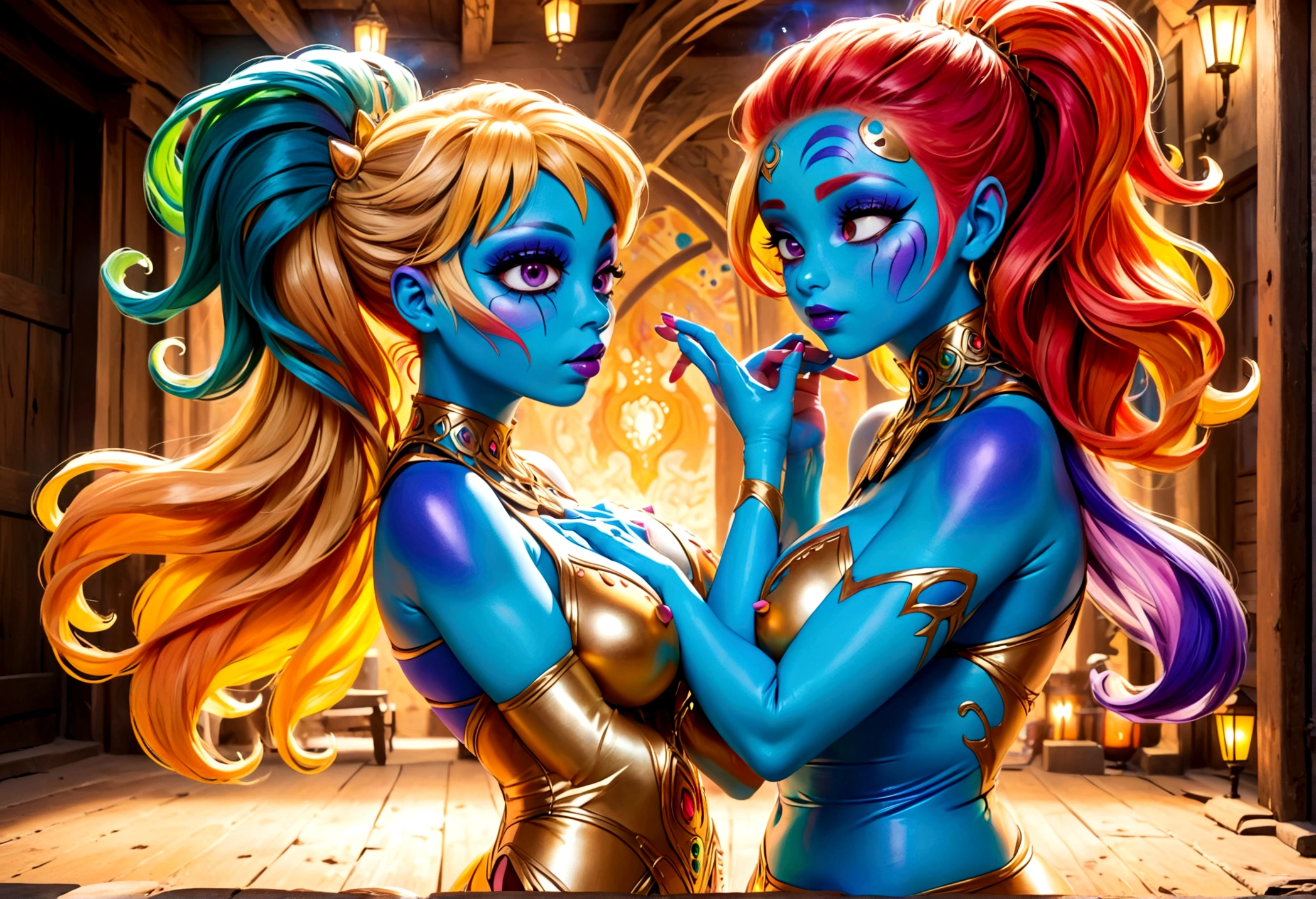 "(best quality, highres, ultra-detailed), 2 women, Desi, 40, average build, in colorful body paint,(playful, vibrant) jesters (costume is entirely body paint), wrestling for a crowd of rowdy aliens, in an(otherworldly) atmosphere,(fantastical, whimsical) outfits, (elaborate face makeup), (bright, vivid) colors, lively expressions, (dynamic poses), (mysterious, ethereal) lighting"