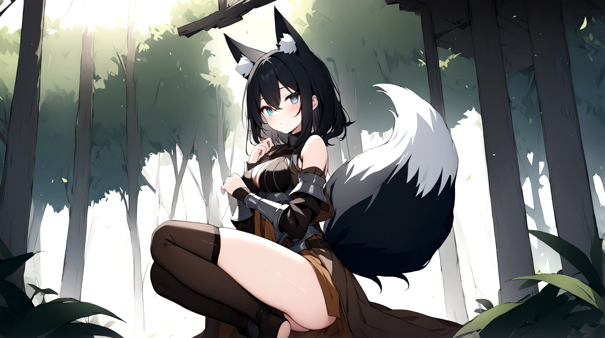 (1girl, Masterpiece, best quality) (detailed and beautiful eyes:1.6) (perfect hands, perfect anatomy) (full body)) (Mature) (Adult) Fox-girl Misaki has ((short black hair)), (Fox-ears). (She wears a black fantasy medieval adventurer armor) ((She has a **one** black fluffly fox tail.)) She wearing a long brown trousers with armored knees. She has over-to-knee socks.