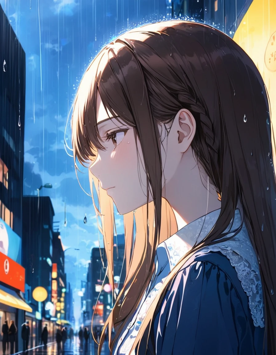 One Girl, profile, Look to the side,  Written boundary depth, Long Hair, French Braid, Straight hair, Portraiture, Modern city, blouse, Brown Hair, look up, rain, raindrop, Lens flare, rainの暗い夜空、eyeliner, eye shadow, masterpiece, Highest quality、((close your eyes)),Let the tears flow,Distance at which the upper body is visible