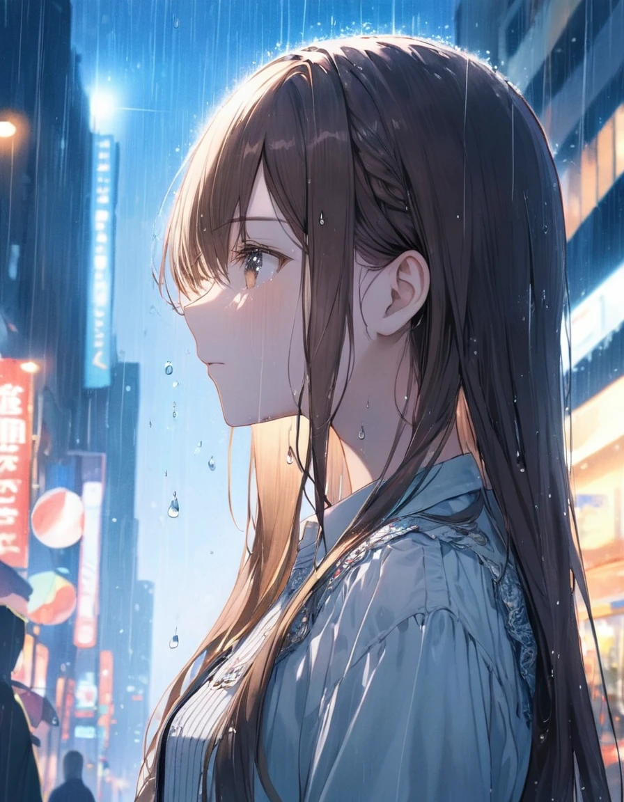 One Girl, profile, Look to the side, Written boundary depth, Long Hair, French Braid, Straight hair, Portraiture, Modern city, blouse, Brown Hair, look up, rain, raindrop, Lens flare, rainの暗い夜空、eyeliner, eye shadow, masterpiece, Highest quality、((close your eyes)),Let the tears flow,Distance at which the upper body is visible