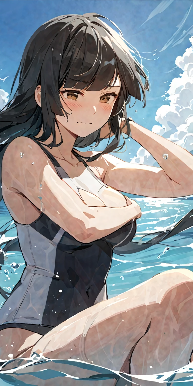 masterpiece,best quality, solo, eda, bangs, black hair, upper body,blue sky,cloud, shy expression, natural expression, medium breast, hot, thicc, swimsuit , ocean, water, she was sitting , she was posin, closed mouth, she is wearing white sando while swimming she is grabbing her chest, dynamic pose, embarrassed expression, shy expression, big thighs , big hips