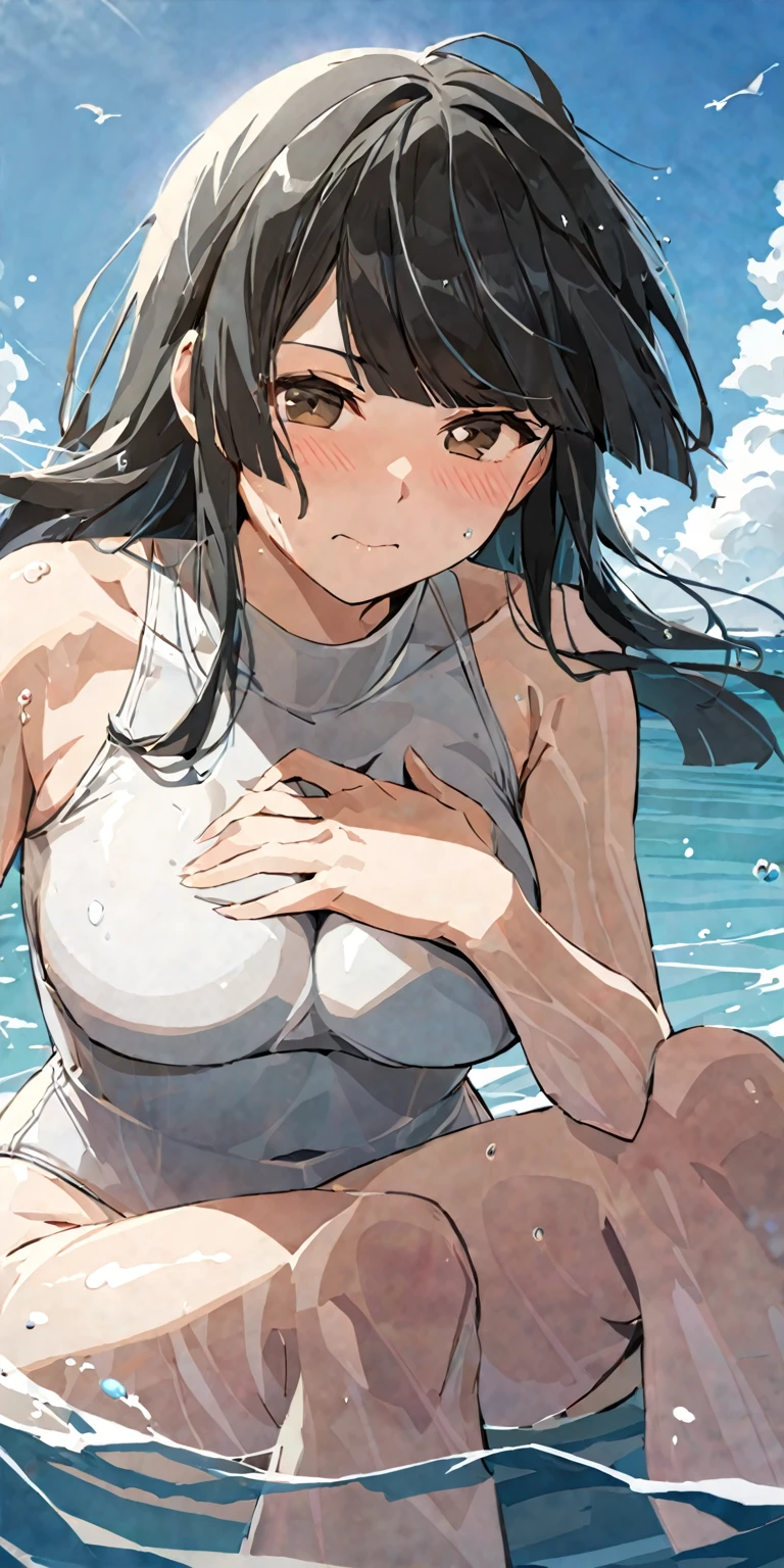 masterpiece,best quality, solo, eda, bangs, black hair, upper body,blue sky,cloud, shy expression, natural expression, medium breast, hot, thicc, swimsuit , ocean, water, she was sitting , she was posin, closed mouth, she is wearing white sando while swimming she is grabbing her chest, dynamic pose, embarrassed expression, shy expression, big thighs , big hips