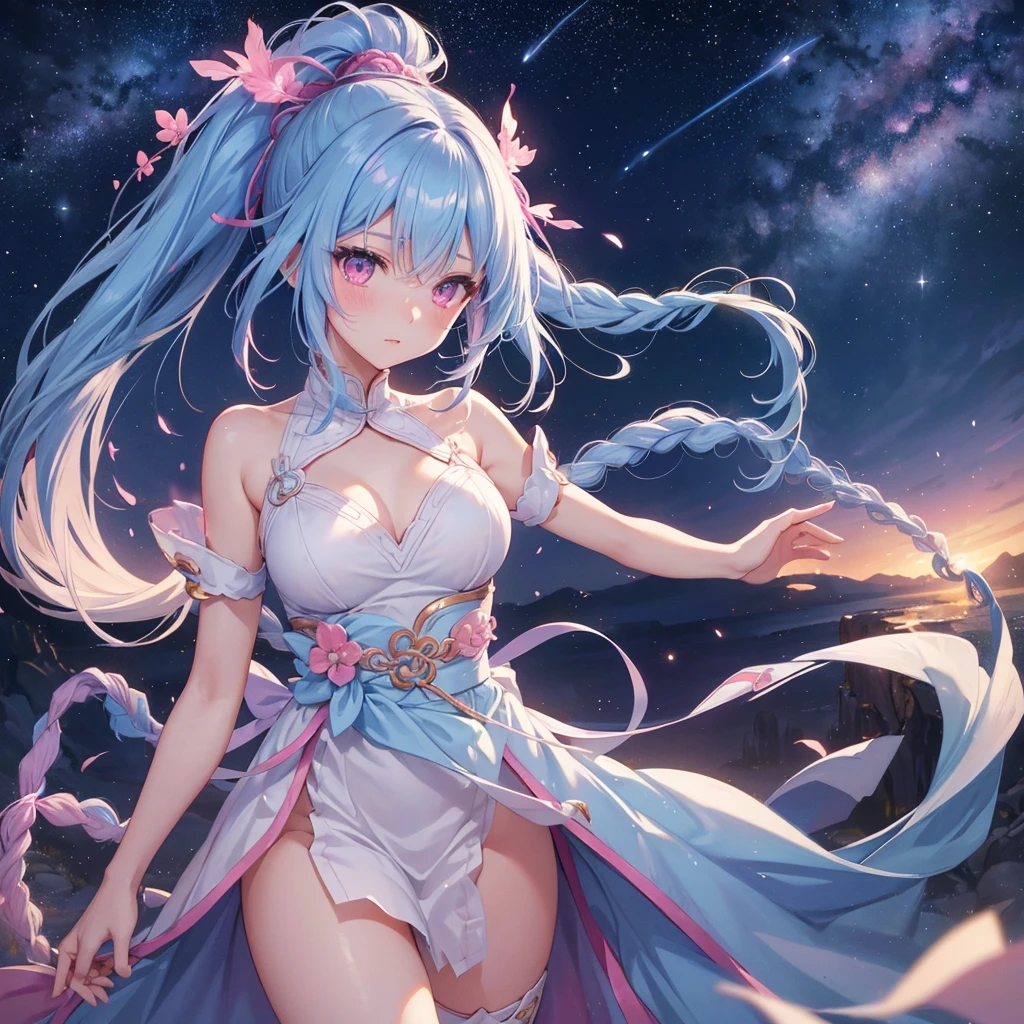  (masterpiece, best quality), 1 elven girl, ( bear breasts, thigh),  (light blue hair, twin tails ,very long hair is fluttering in the wind), hair between eyes, multi colored hair,hair flower ornament ,(blush, smile, aqua eyes),  (masterpiece, best quality),  1elven girl, solo, very long hair, twin tails hair,bangs, hair ornament, bare body , closed mouth, standing, closed eyes, flower, aqua hair, large breast ,nipples,sky, hair flower, hair bun, blurry, from side, hands up, profile, night, floating hair, depth of field, pink rose, moon,  crescent, aqua  flower, butterfly, star (sky), night sky, starry sky, red rose, blurry foreground, planet