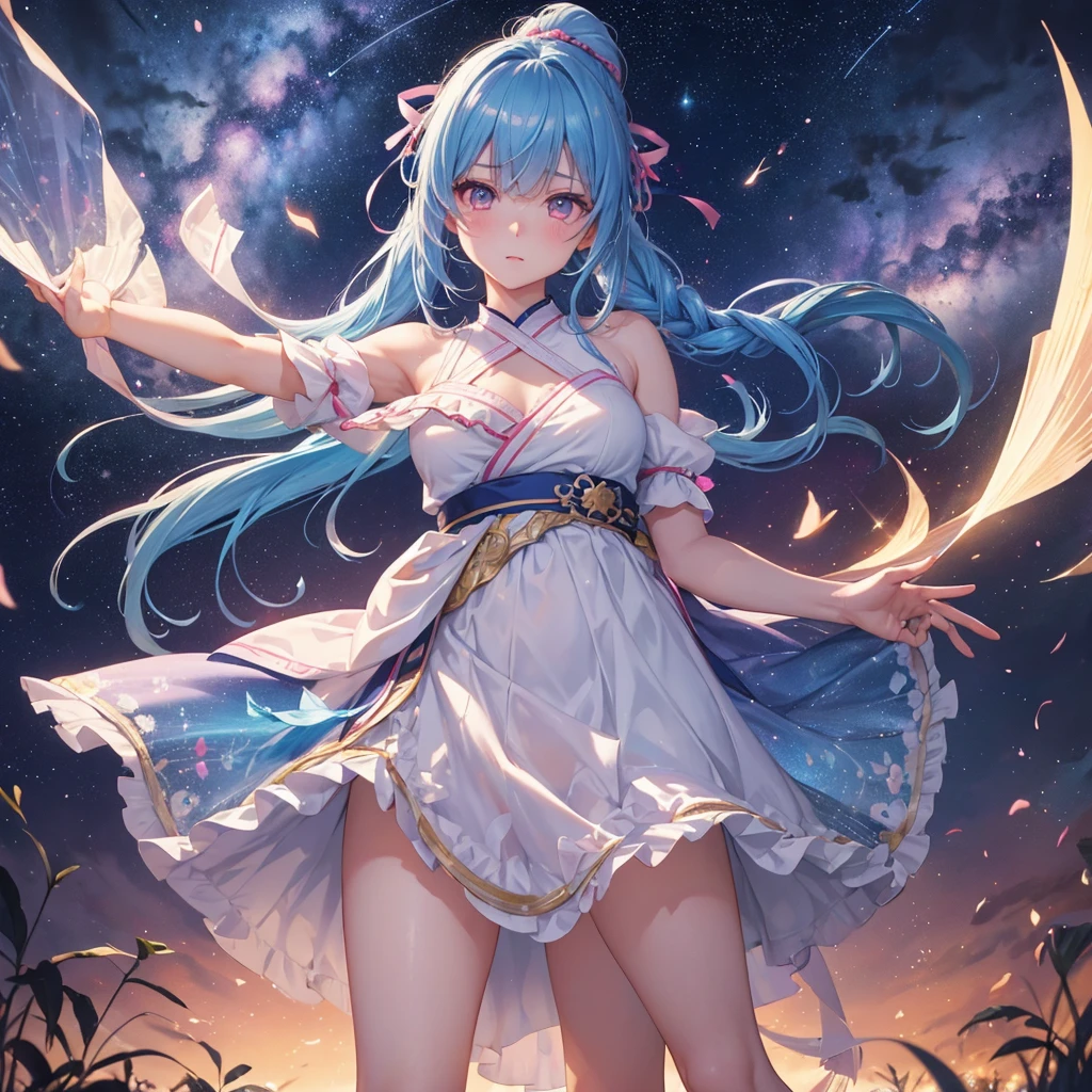 Sky blue hair, (One braided ponytail),(Pink Eyes),Fair skin ,(whole body),(One girl),The goddess,Heavenly Hagoromo,Tanabata,(The Milky Way in the night sky),Hollow Eyes,Blushing,Straight bangs,(masterpiece, Highest quality, Very detailed, Best Shadow), (Detailed Background), (Beautifully detailed face), High Contrast, (Best lighting, Very delicate and beautiful), ((Cinematic Light)), colorful, Hyper Detail, Dramatic Light, Intricate details,Open your arms