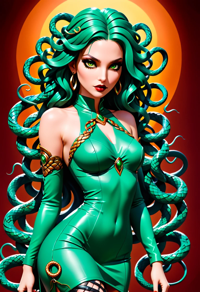 dark fantasy art a medusa having snake twin tails, a most beautiful medusa, reptilian eyes, pale skin, having twin snake braids, (only two braids made from living snakes: 1.3) on the medusa head, she wears intricate leather dress, thigh high heeled boots, modern bar background, dynamic range, vibrant, Ultra-high resolution, High Contrast, (masterpiece:1.5), highest quality, Best aesthetics), best details, best quality, highres, ultra wide angle, 16k, [ultra detailed], masterpiece, best quality, (extremely detailed), Intense Gaze, Medusa, sn4k3h41r, snake hair,
