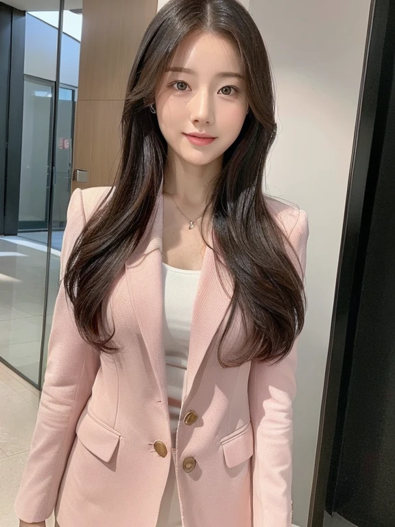 (highest quality, Very detailed, Realistic:1.37, full body shot, full body photo), Professional, Fine and beautiful eyes, Beautiful lip detail, Detailed facial features, Natural skin color, Perfect skin texture, Delicate expression, High-resolution images, Realistic face, Realistic skin, Real Face, Natural smile, Very detailedな髪, (Yuki), 20-year-old, (Calm Japanese female entrepreneur), Rose、Her slim figure and flowing hair、The high-resolution image captures Very detailed realism, business dress, business attire, pink blazer.