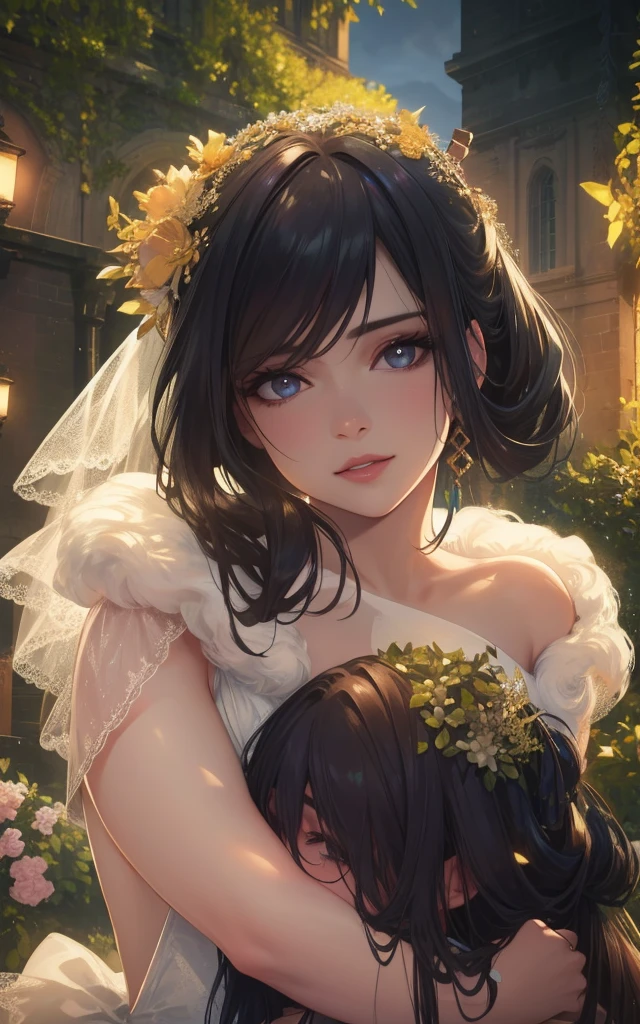 a married couple, beautiful detailed eyes, beautiful detailed lips, extremely detailed eyes and face, long eyelashes, elegant wedding dress, smiling, loving embrace, outdoor garden setting, golden hour lighting, cinematic composition, romantic, intricate floral arrangements, lush greenery, (best quality,4k,8k,highres,masterpiece:1.2),ultra-detailed,(realistic,photorealistic,photo-realistic:1.37),cinematic lighting,vibrant colors,professional portrait