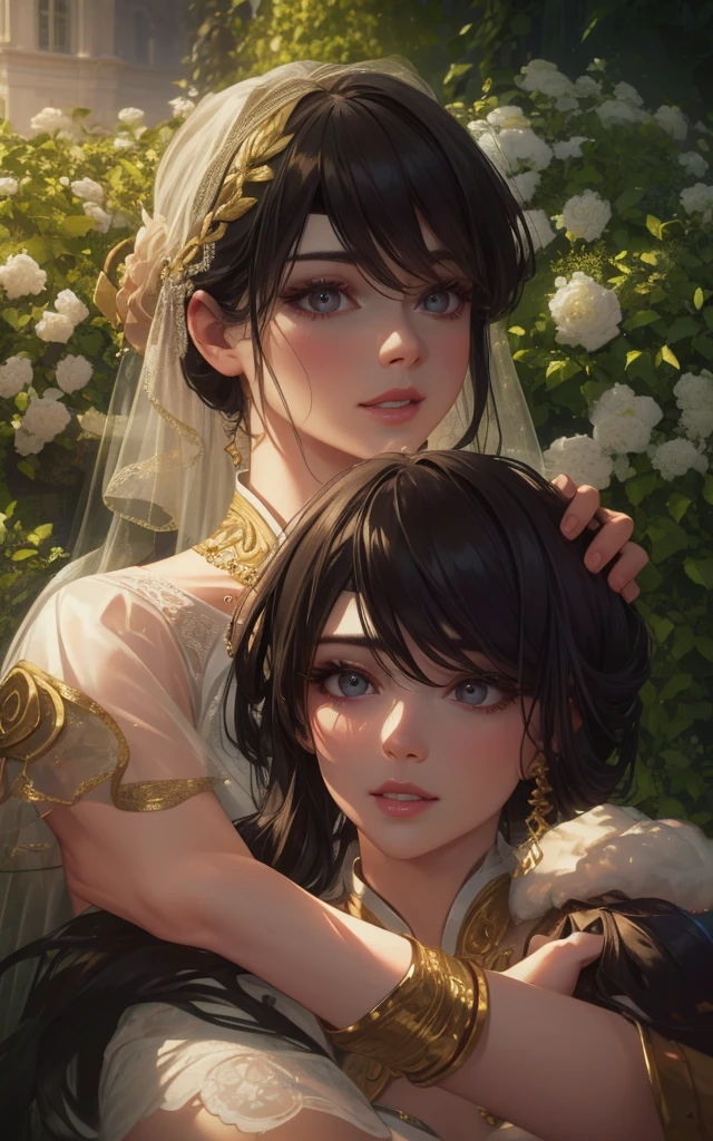 a married couple, beautiful detailed eyes, beautiful detailed lips, extremely detailed eyes and face, long eyelashes, elegant wedding dress, smiling, loving embrace, outdoor garden setting, golden hour lighting, cinematic composition, romantic, intricate floral arrangements, lush greenery, (best quality,4k,8k,highres,masterpiece:1.2),ultra-detailed,(realistic,photorealistic,photo-realistic:1.37),cinematic lighting,vibrant colors,professional portrait