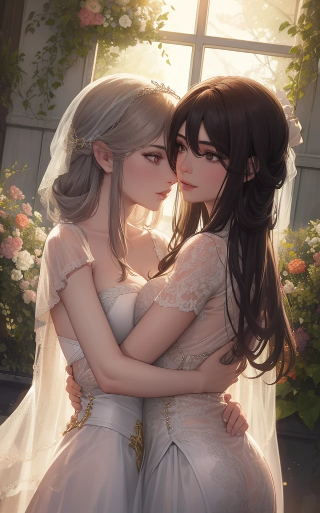 a married couple, beautiful detailed eyes, beautiful detailed lips, extremely detailed eyes and face, long eyelashes, elegant wedding dress, smiling, loving embrace, outdoor garden setting, golden hour lighting, cinematic composition, romantic, intricate floral arrangements, lush greenery, (best quality,4k,8k,highres,masterpiece:1.2),ultra-detailed,(realistic,photorealistic,photo-realistic:1.37),cinematic lighting,vibrant colors,professional portrait