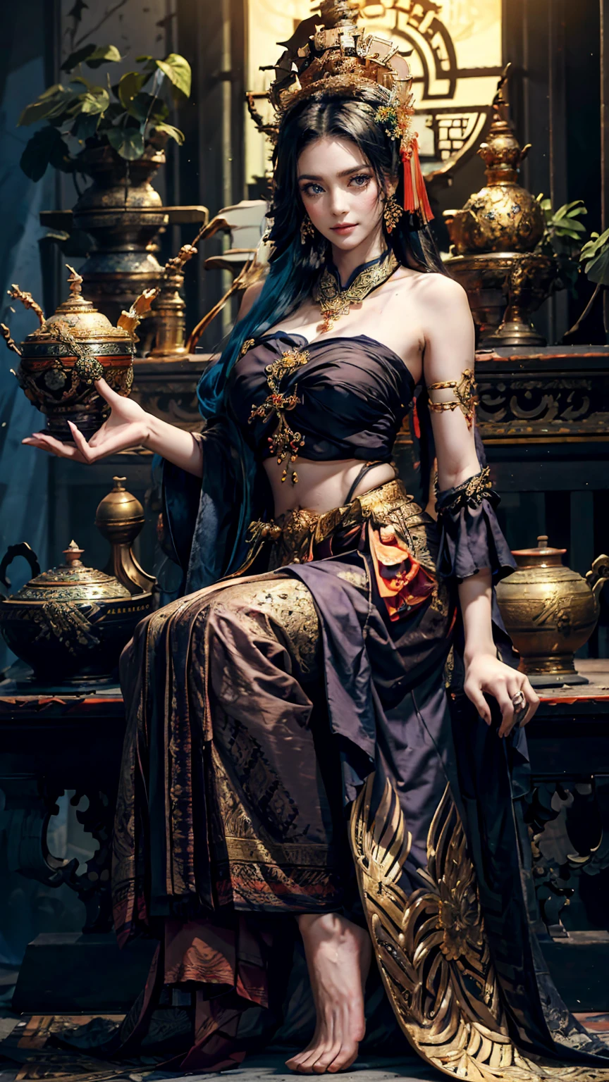 best quality, Masterpiece, Ultra high resolution, raw image, beautiful and beautiful,deep shadow, Dark theme,(Very detailed:1.3),
1 girl, Sitting position, flower headdress, full of curtains, piercing hair, long hair, blonde hair, gradient hair, yellow eyes, alone, big breasts, Big Hair, blue hair, holy goddess, look at viewer, China, Chinese theme, Chinese style, In the building, bedroom, Astria, full body, Sabai set,
Strapless Thai dress.,
Traditional Thai skirt