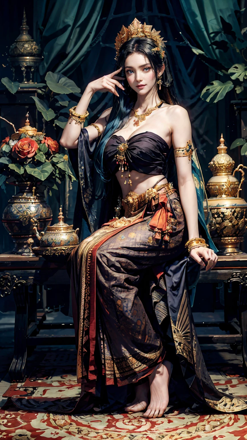 best quality, Masterpiece, Ultra high resolution, raw image, beautiful and beautiful,deep shadow, Dark theme,(Very detailed:1.3),
1 girl, Sitting position, flower headdress, full of curtains, piercing hair, long hair, blonde hair, gradient hair, yellow eyes, alone, big breasts, Big Hair, blue hair, holy goddess, look at viewer, China, Chinese theme, Chinese style, In the building, bedroom, Astria, full body, Sabai set,
Strapless Thai dress.,
Traditional Thai skirt